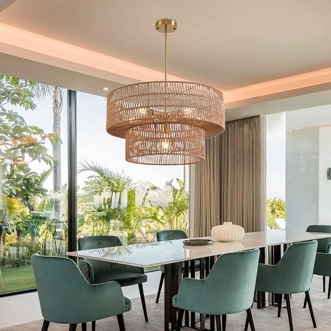 23.62" 6-Light Rattan Farmhouse Chandelier, Boho Large Pendant Light, Large Wicker Chandelier Light Fixtures, Hand Woven Chandeliers, for Dining Room