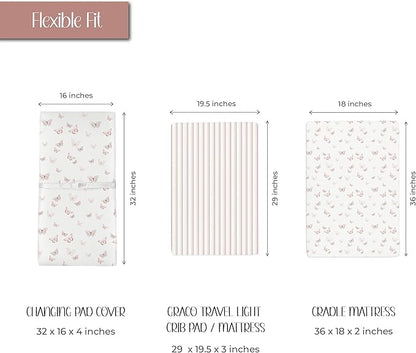 Ely’s & Co. Changing Pad Cover, Diaper Changing Table Sheets, 2 Pack, Cradle Sheet Set for Baby Girls, 100% Jersey Knit Cotton, 32”x16”x5” Pink Butterfly + Stripe Collection