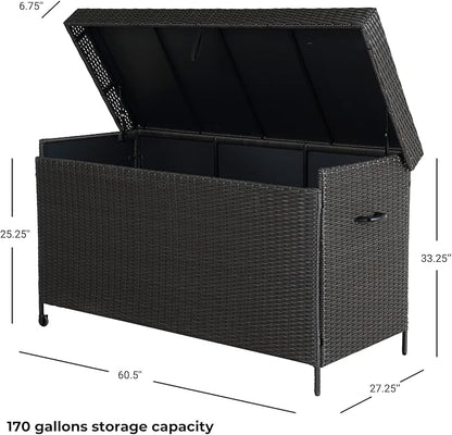 Grand patio 170 Gallon Storage Box, Dark Brown PE Wicker, Minimalist Style, Water Resistant, Flip Top, Smooth Wheels, for Patio Furniture Cushions, Garden Tools, Pool Accessories