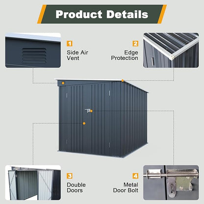 6x8 FT Lean to Shed with Lockable Double Doors, Metal Outdoor Storage Shed with Free PC Light Board for Tools, Outside Storage Shed Waterproof for Backyard, Patio, Garden