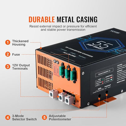 VEVOR RV Converter, 55 Amp, 110V AC to 12V DC RV Power Converter Battery Charger with 4 Stage Smart Charging 13V to 16.5V Adjustable Operating Range, Compatible with Lithium Lead Acid Battery, ETL