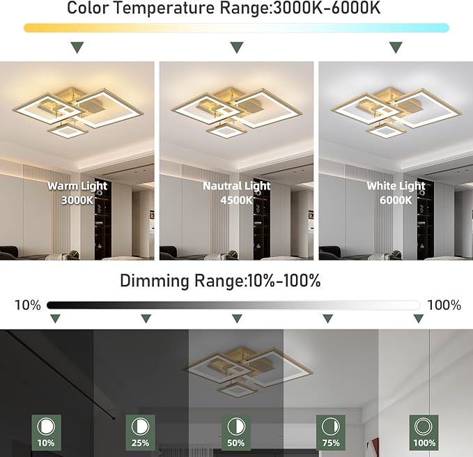 Modern Gold Led Ceiling Light 3-Square Design 3000K-6500K Dimmable LED Ceiling