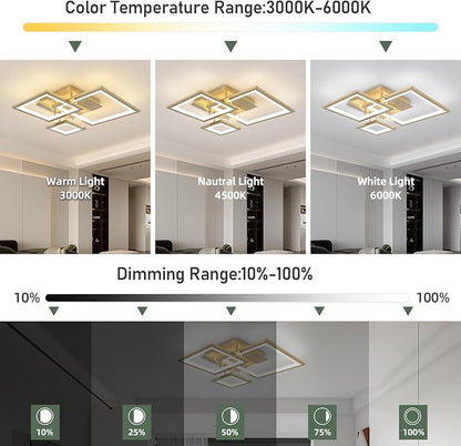 Modern Gold Led Ceiling Light 3-Square Design 3000K-6500K Dimmable LED Ceiling