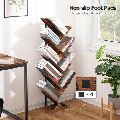 HOOBRO Tree Bookshelf, 9-Tier Bookcase Wooden Shelves, Floor Standing Storage Rack, for Display of CDs, Books in Living Room, Home Office, Wood Storage Rack for Bedroom, Rustic Brown BF08SJ01G1
