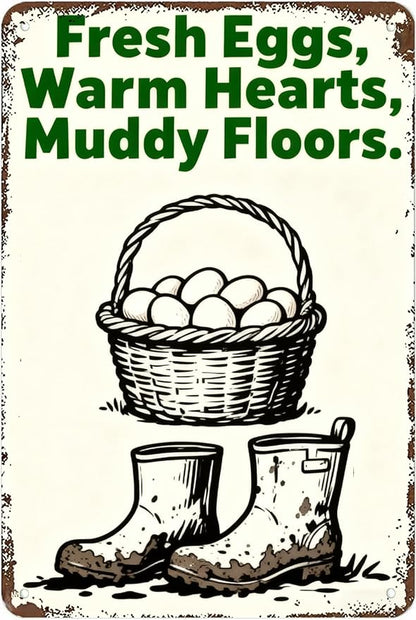 Vintage Metal Sign Fresh Eggs, Warm Hearts, Muddy Floors. Tin Sign Decor Retro Wall Decor For Home Coffee Bar Funny Aluminum Sign 16x12 inch