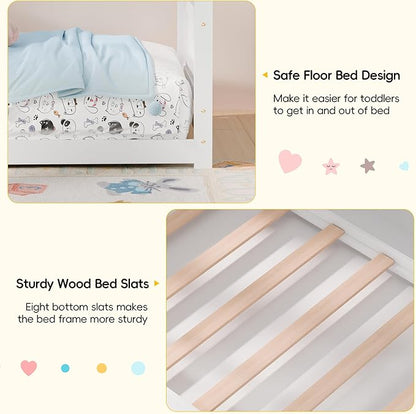 Twin House Bed, Montessori Floor Bed with Headboard & Footboard, Solid Wood Bed Frame for Toddlers Teens Bedroom, No Box Spring Needed, White