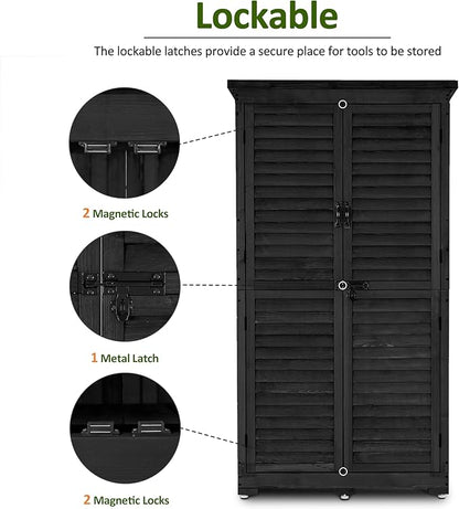 MCombo Outdoor Storage Cabinet, Garden Storage Shed, Outside Vertical Shed with Lockers, Outdoor 63 Inches Wood Tall Cabinet for Yard and Patio 0870 (Black)