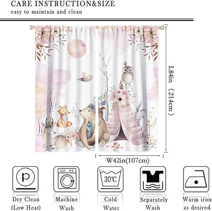 Forest Animal Curtains for Kids, Pink Watercolor Woodland Animal Window Treatments Fox Deer Owl Wildlife Safari Jungle Bear Window Drapes for Girls Nursery Toddler Bedroom 84x84in