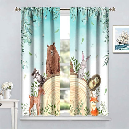 Kids Forest Animal Curtains, Woodland Animal Window Treatments Fox Deer Bunny Wildlife Safari Jungle Bear Farmhouse Window Drapes for Girls Boys Nursery Bedroom 42x45in