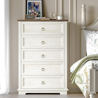 5 Drawer Dresser, Chest of Drawers with Double Anti-Tip, Modern Tall Dresser Organizer for Bedroom, Living Room & Hallway – Easy Assembly Storage Cabinet, White