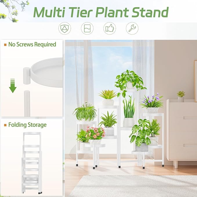 iDavosic.ly Plant Stand Indoor Outdoor, 10 Tier Corner Metal Flower Display Holder Shelf, Folding Tall Orchid Rack for Patio Balcony Porch Garden Living Room House, White