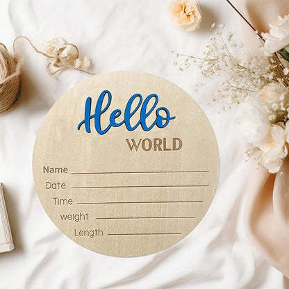 Baby Announcement Sign, 5.9 Inch Wooden Hello World Newborn Signs, Birth Announcement Sign, Baby Shower Hospital Nursery for Newborn Boys and Girls (Blue,Pen)