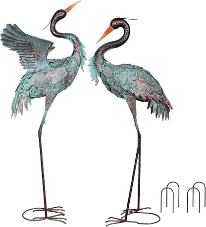 YEAHOME Garden Decor Outdoor Statues, 38"/36" Large Metal Heron Standing Yard Art, Blue Crane Lawn Sculptures Garden Decor for Outside Patio Porch Backyard, Set of 2