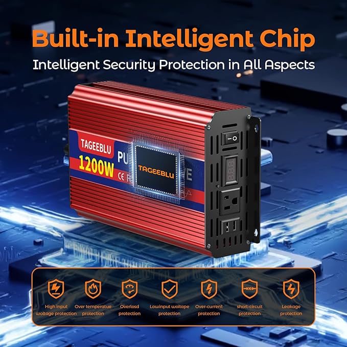 1200W Pure Sine Wave Inverter, 12V DC to 110V/120V AC Power Inverter for RV、Off Grid、Truck、with 2 AC outlets and LCD Display