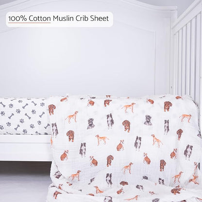 LollyBanks Muslin Crib Sheet 1 Pack, 100% Cotton Soft and Breathable Baby Crib Sheets for Boys and Girls, Fits Standard 52"x28" Mattress, Neutral Baby Bedding Essentials for Registry (Dogs Print)