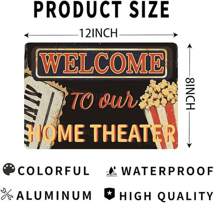 Vintage Movie Theater Tin Sign Welcome To Our Home Theater Metal Sign for Home Cafe Bar Media Room Bedroom 12×8 Inch