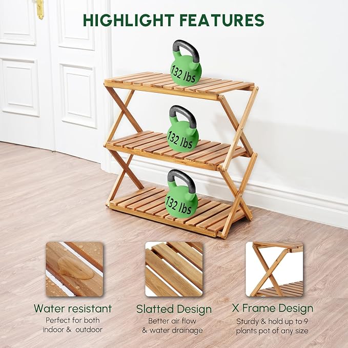 BEEFURNI Acacia Plant Stand Indoor, Wooden Outdoor Planter Stand, 3 Tier Succulent Shelf, Easy Assembly, Patio Balcony Sunroom Decor, Flower Garden Shelf, 1-year Manufacturer Warranty (Natural Wood)