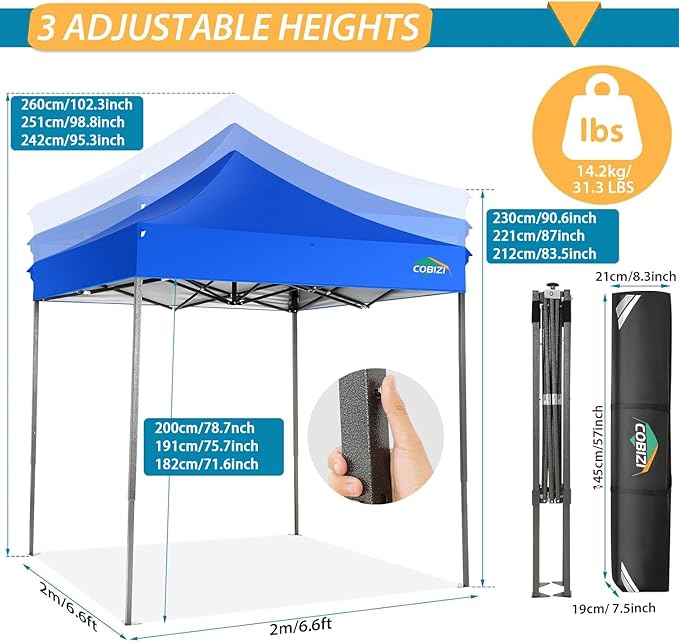 COBIZI 6.6x6.6 Pop Up Canopy Without Sidewall,Heavy Duty Canopy UPF 50+ All Season Wind Waterproof Commercial Outdoor Party Tents for Parties Canopy Gazebo with Storage Bag(6.6 x 6.6 ft Blue)