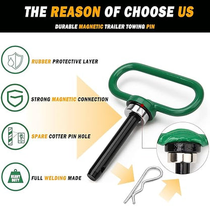 2 Packs Magnetic Hitch Pin, Lawn Mower Trailer Hitch Pins 1/2 Inch with Handle and Clip, Trailer Gate Pin for Mowers, Tractor Truck, Towing Cargo, ATV - Simple One Handed Hook On & Off（Green