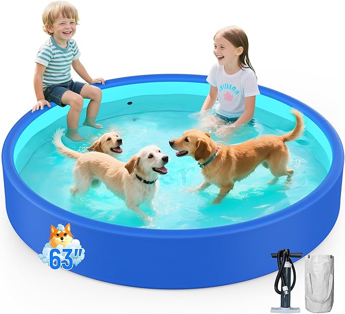Foldable Dog Pet Bath Pool,AORJI Brushed Inflatable Dog Pet Pool Collapsible Kiddie Pool Bathing Tub Doggie Wading Pool for Small to Large Pubby Dogs Cats and Kids (63"x 14" Blue)