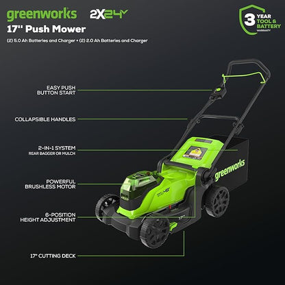 Greenworks 48V (2x24V) 17" Brushless Mower+12" String Trimmer+320CFM Blower+310 in./lbs Drill Driver, (2) 4.0Ah Batteries and (2) 2.0Ah Batteries, 2A Dual Port Charger
