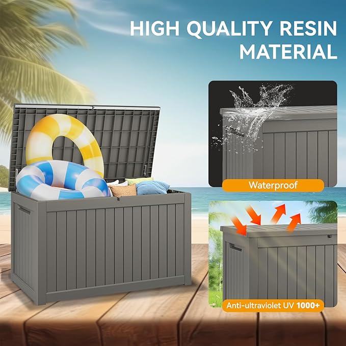 NUNU LAB 230 Gallon Large Resin Deck Box, Waterproof Outdoor Storage Box, Lockable Storage Bin for Patio Furniture, Garden Tools, Pool Accessories, UV-Resistant & All-Weather, Grey