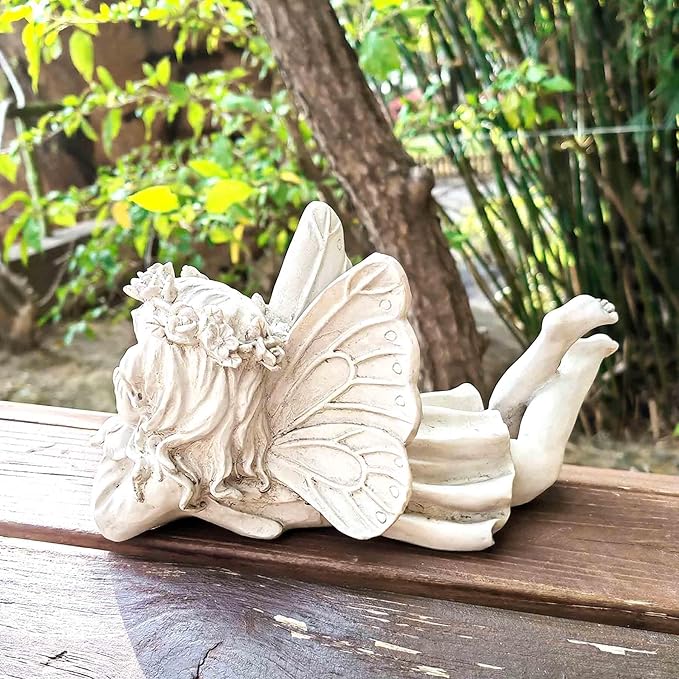 Lying Fairy Garden Statue – Resin Outdoor Fairy Figurine for Yard or Patio, Garden Angel Decor for Outside, Whimsical Fairy Ornament 9.84” L