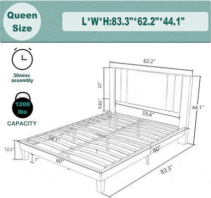 Tyndall Queen Size Bed Frame, Linen Fabric Upholstered Platform with Headboard