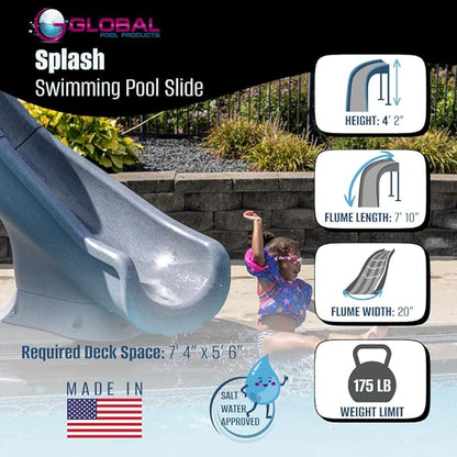 Global Pool Products Splash Inground Swimming Pool Water Slide Deck Mounted Right Curve Turn Grey GPPSSP-Grey-R