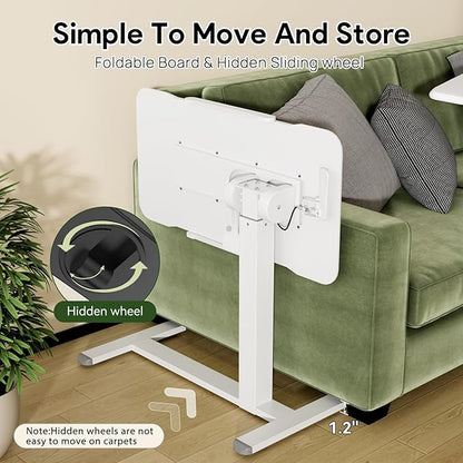 Rolling Laptop Desk, 180° Tiltable Mobile Standing Desk Height Adjustable, Overbed Bedside Table, Portable Computer Desk with Wheels, Foldable Laptop Cart for Home Office, White
