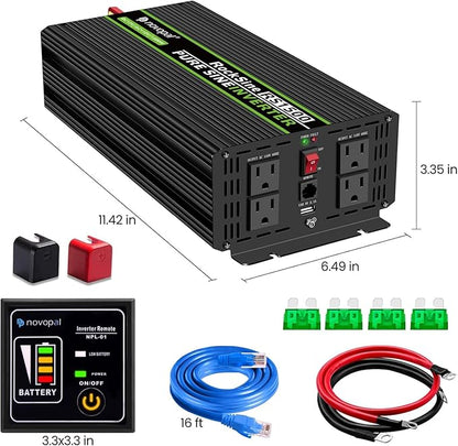 Novopal 1500W Pure Sine Wave Inverter, 12V DC to 110V/120V AC Car Power Converter, DC-AC Power Inverter with 4 Outlets, High-Power Interface，16ft Remote Control, LCD Display
