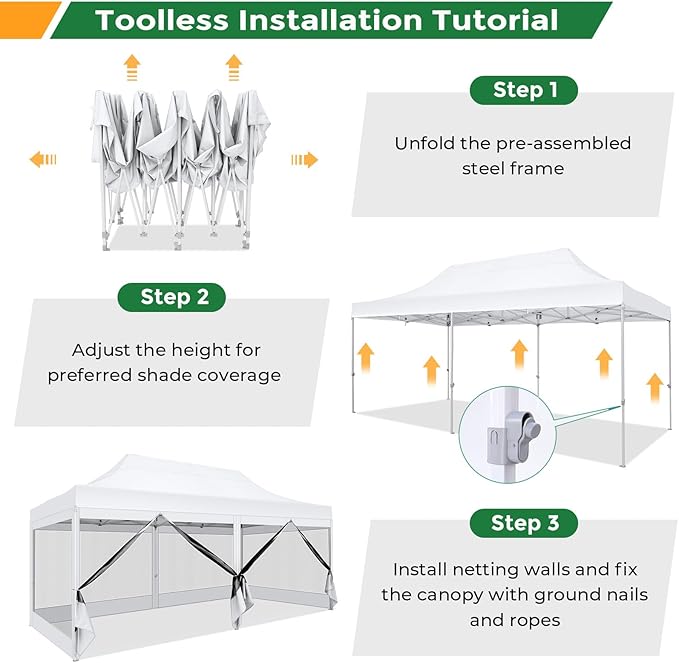 COBIZI 10x20 Heavy Duty Pop Up Canopy Tent with 6 Sidewalls, Commercial Gazebo Party Tent with Mosquito Netting Wall Easy Set Up Outdoor Instant Screen Tent for Backyard, Patio, Garden, White