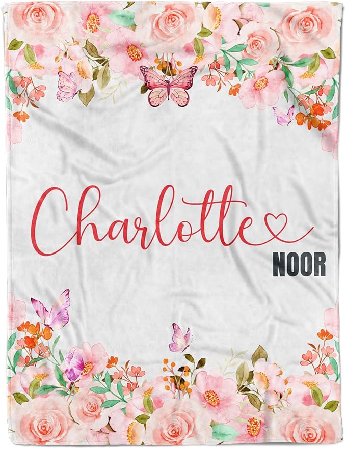 Personalized Baby Blankets for Girls, Customized Name Blanket for Kids, Custom Toddler Blanket Gifts for Birthday, Christmas, Newborn Soft Flannel Floral Blankets Boy Girl Birthday Gifts