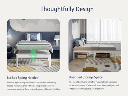 White Twin Size Bed Frames 16 Inch, Metal Platform Twin Bed Frame No Box Spring Needed, Heavy Duty Steel Support 3500 LBS, DIY Headboard, Round Legs, Noiseless, Storage Space, Easy Assembly