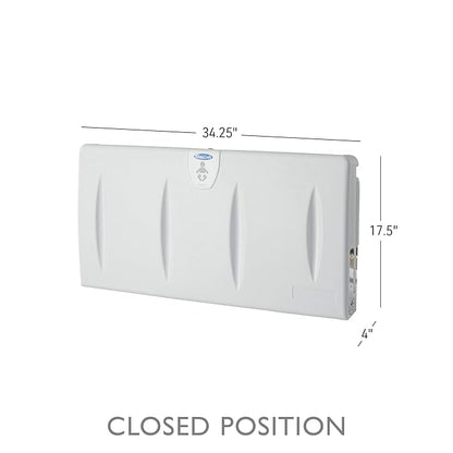 SafetyCraft Horizontal Wall-Mounted Baby Diaper Changing Station - Easy to Clean, High-Density Polyethylene w/Heavy Duty Steel Hinge - Built-in Liner Dispenser for Hooking Purse or Bag, Light Gray