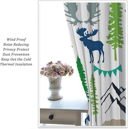 Forest Woodland Curtains, Wild Nature Bear Moose Deer Pine Trees Mountain Cabin Lodge Blackout Rod Pocket Windows Door Curtain for Bedroom Living Room Home Decor 63x72in