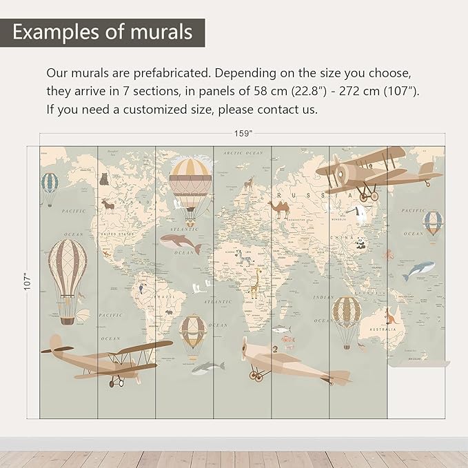 AFZEVEB-Vintage Animal Wallpaper Cartoon Aircraft Map Wall murals for Kids Room 159"x107"(Not Peel and Stick)