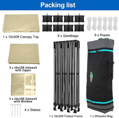 COBIZI 10x30 Pop up Canopy Tent 10x30 Canopy with 8 Sidewalls Waterproof Heavy Duty Commercial Canopy Tent for Parties Outdoor Tent Garden Gazebo Tent, Carry Bag with Wheel(10x30ft,Khaki)