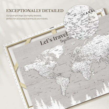ElephantStock - Let's Travel II Push Pin World Map Wall Art - Horizontal Canvas Wall Art - Living Room Wall Decor - Digital Art Map Canvas Art - Gray And White Decor - 45" x 30"