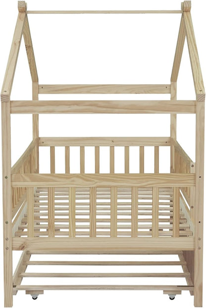 Harper & Bright Designs Twin House Bed with Trundle, Kids Platform Frame Rails and Roof, Tent Bed, Wood Playhouse Montessori for Teens Girls Boys, No Box Spring Needed (Natural)