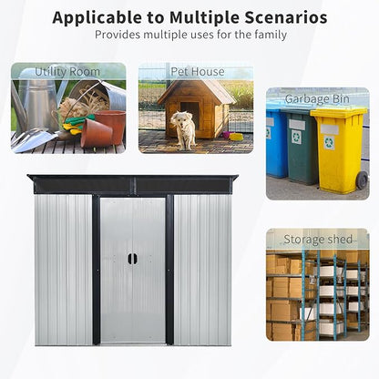 8x6 FT Outdoor Storage Shed,Metal Shed with Floor & Transparent Plate,Garden Shed W/Air Vent & Lockable Sliding Door,All Weather Waterproof Tool House W/Sloped Roof,Black+White
