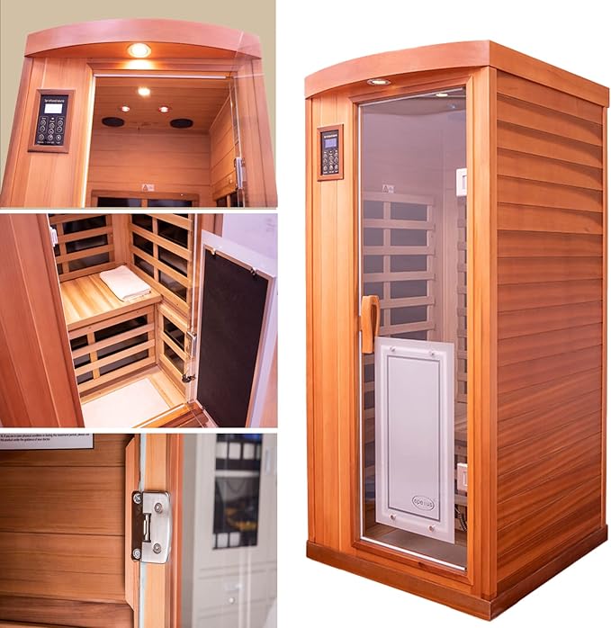 Far Infrared Sauna Room 1-2 Person Infrared Home Saunas, 8 Low EMF Heating Panels, 1510 Watts Red Cedar Wooden Saunabox with LED Reading Lamp, LCD Display-Control, Blue-Tooth Audio