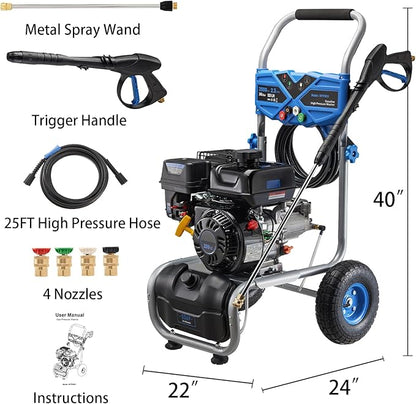 Gas Pressure Washer, 3500PSI Gas Power Washers 209CC 2.3GPM High Pressure Washers with 25FT Hose, 4 Quick-Connect Nozzles, Soap Tank, Axial Pump, Portable Pressure Washer Gas Powered for Car