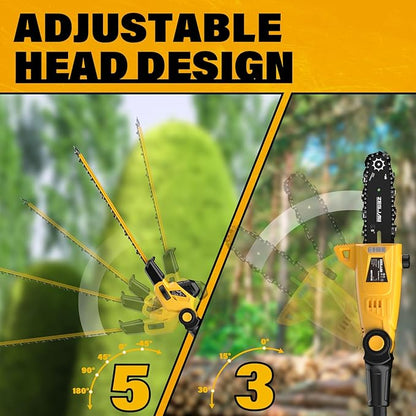 Pole Saw 8-Inch Cordless Tree Trimmer and 18-Inch Pole Hedge Trimmer 2-In-1, 15-Feet Max Reach, Auto Oiling, Telescoping Pole Chainsaw with 2.0Ah Battery & Charger