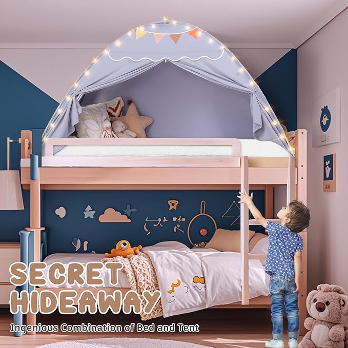 Sumbababy Toddler Bed Tent Canopy: Lights & Flags Indoor Floor Bed Kids Tent Playhouse - Portable & Foldable Twin Bunk Bed Curtains - Girls & Boys Bedroom Privacy Space Sleeping Tents Gifts (Gray)