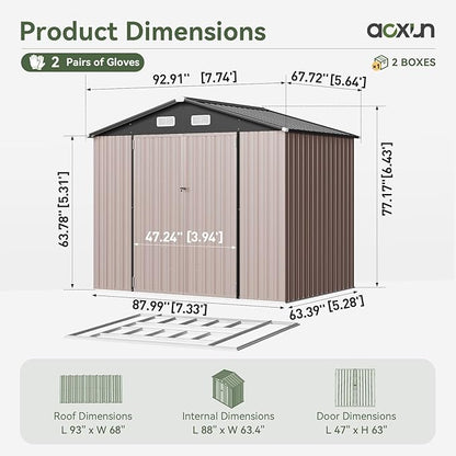 Aoxun 7x5 FT Outdoor Storage Shed with Base Garden Metal Shed with Lockable Door Outdoor Large Shed for Tool, Garbage Can, Bike, Mower, Brown