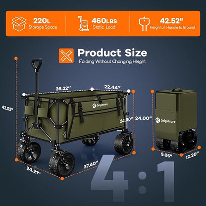 220L Collapsible Wagon Cart Foldable, 460lbs Load Capacity Heavy Duty Folding Beach Wagons with Big All-Terrain Wheels, Utility Carts for Groceries, Shopping, Camping, Sports - Green