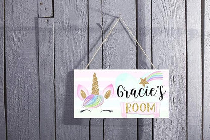 Customized Rainbow Unicorn Sign Girls Bedroom Baby Nursery Bedroom Door Sign Personalized Wood Plaque Sign Wall Decor Gift