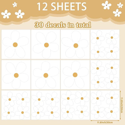 TaoBary 12 Sheets Daisy Wall Decal Flower Wall Sticker Cute Daisy Sticker Pink White Flower Decal Peel and Stick Floral Wallpaper for Nursery Bedroom Home Decor(White, Yellow,Stylish Style)