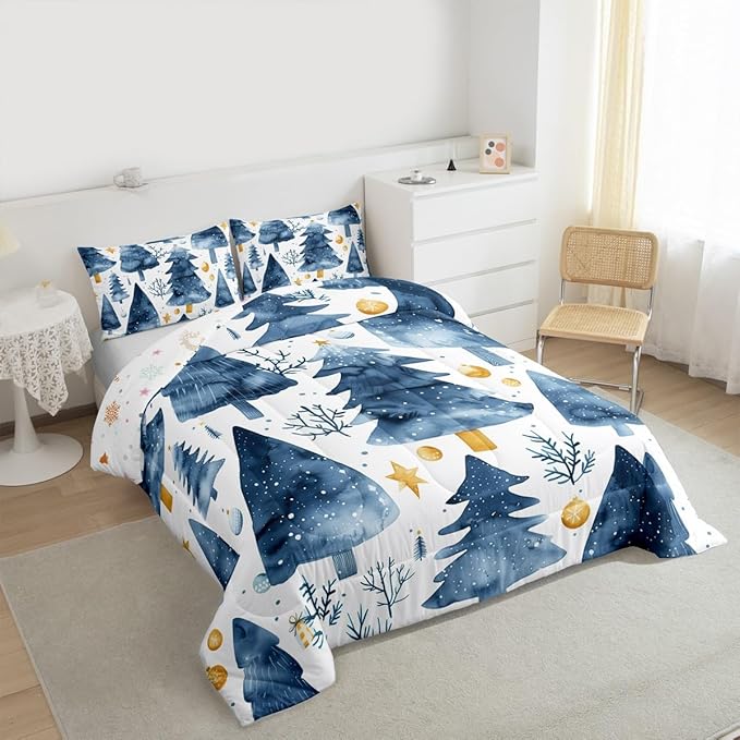 Feelyou Christmas Comforter Set All Season Xmas Tree Bedding Set with 2 Pillow Cases Watercolor Blue Microfiber Kids Full Bedclothes Snowflake Bedroom Decor Duvet Quilt Breathable Soft Lightweight